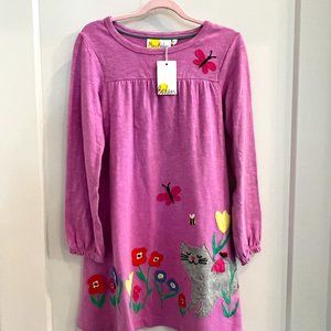 Mini Boden girls pink cat and flowers play dress long sleeve